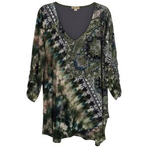 One World Slinky Knit Ruched Tunic Top Blouse Shirt Paisley Tie Dye Green 2X bv